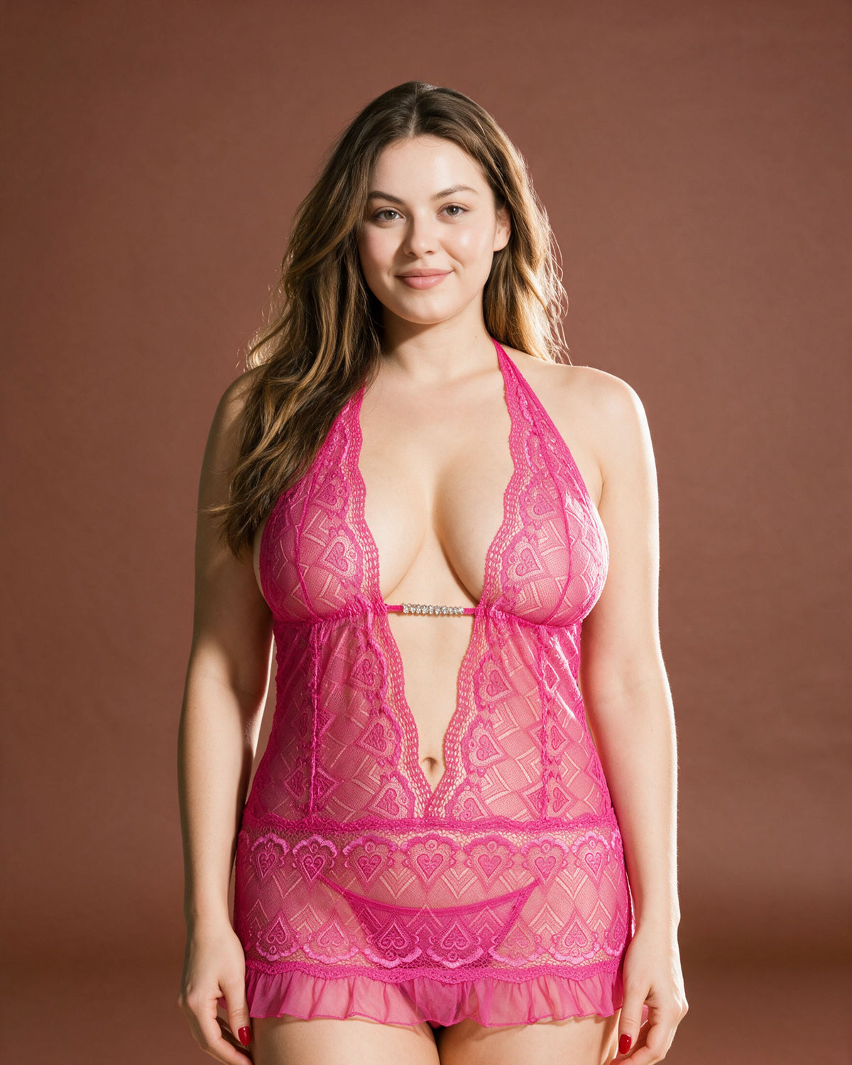 Linsori Hot Pink Rhinestone Babydoll - Front view 