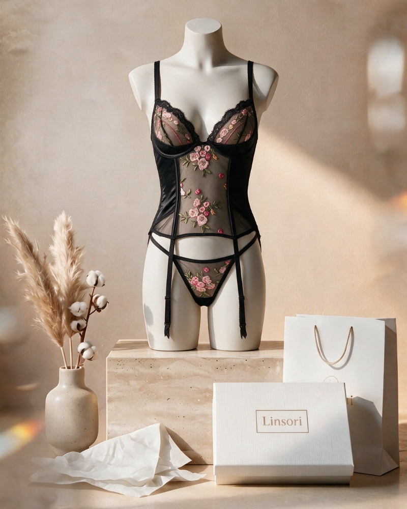 Linsori Onyx Floral Embroidered Corset Set - view 7