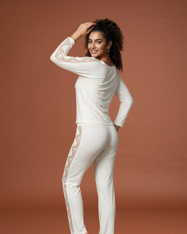 Linsori Ivory Lace Trimmed Pyjama Set -  back view