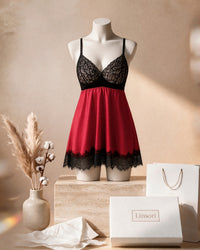 Linsori Scarlet Satin Eyelash Lace Babydoll - Mannequin View