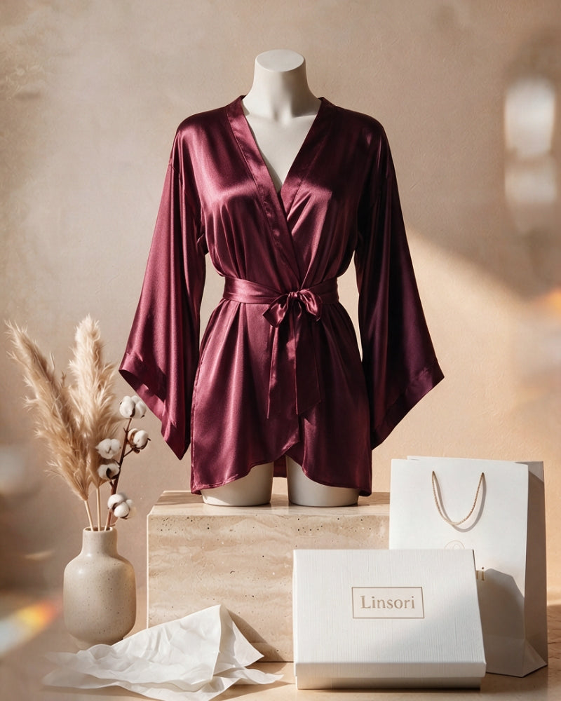 Linsori Bordeaux Satin Peignoir Set - Mannequin View 