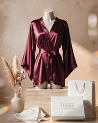 Linsori Bordeaux Satin Peignoir Set - Mannequin View 