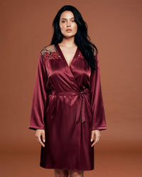 Linsori Plum Satin Embroidered Robe - Front view 