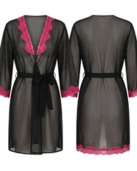Linsori Noir Chiffon Robe with Blush Lace - White background view