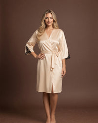 Linsori Champagne Satin Embroidered Robe - Lifestyle view