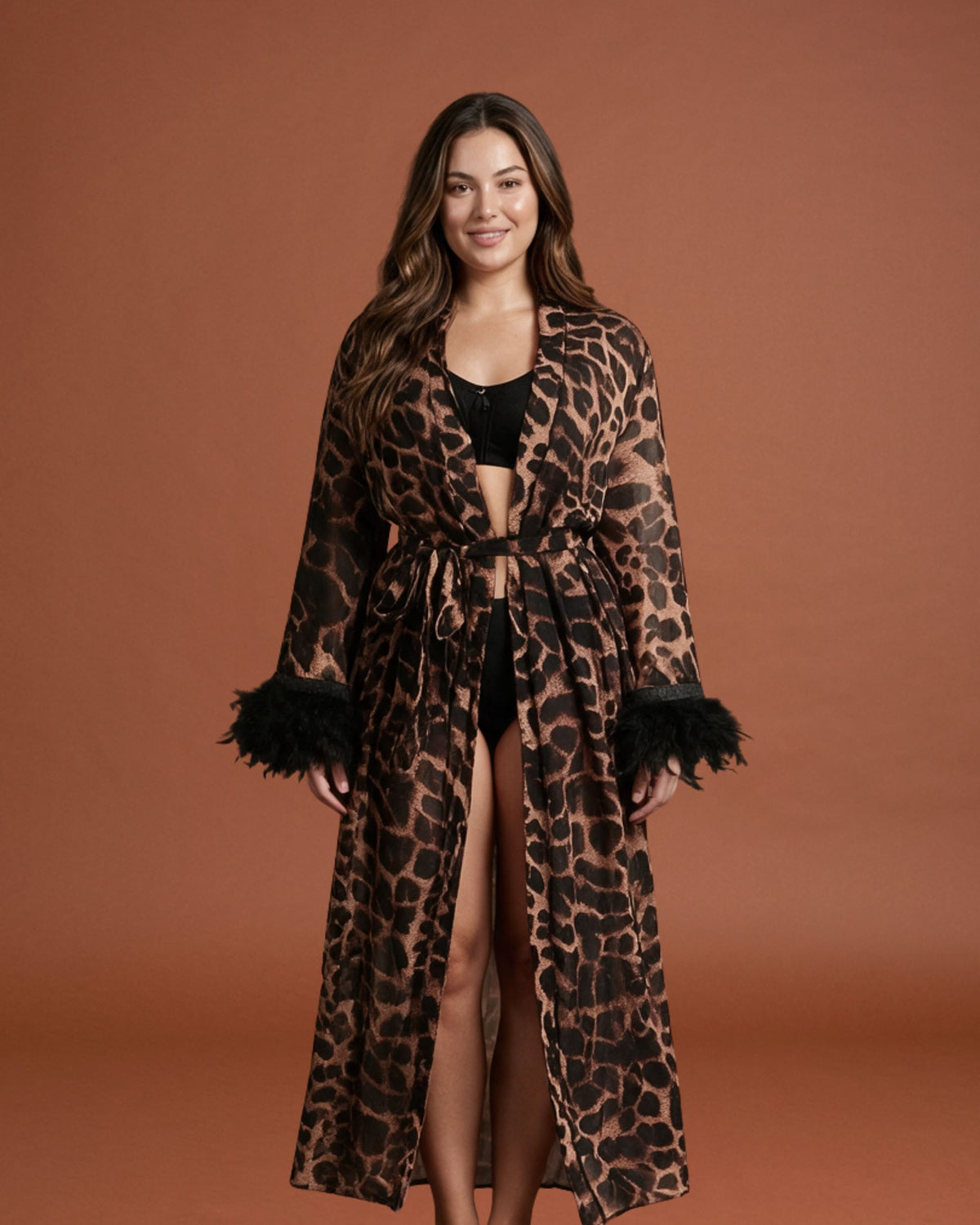 Linsori Wild Nights Feather Trim Robe Plus Size - Front view 