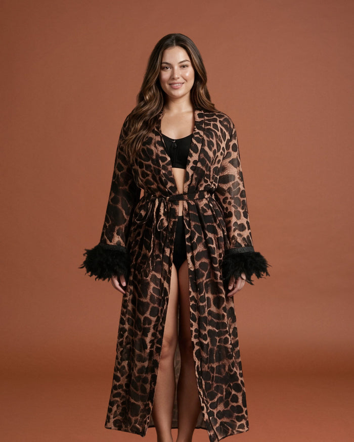 Linsori Wild Nights Feather Trim Robe Plus Size - Front view 