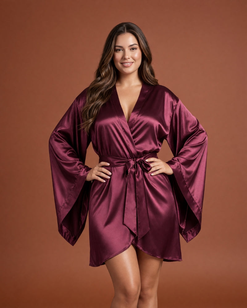 Linsori Bordeaux Satin Peignoir Set - Front view 