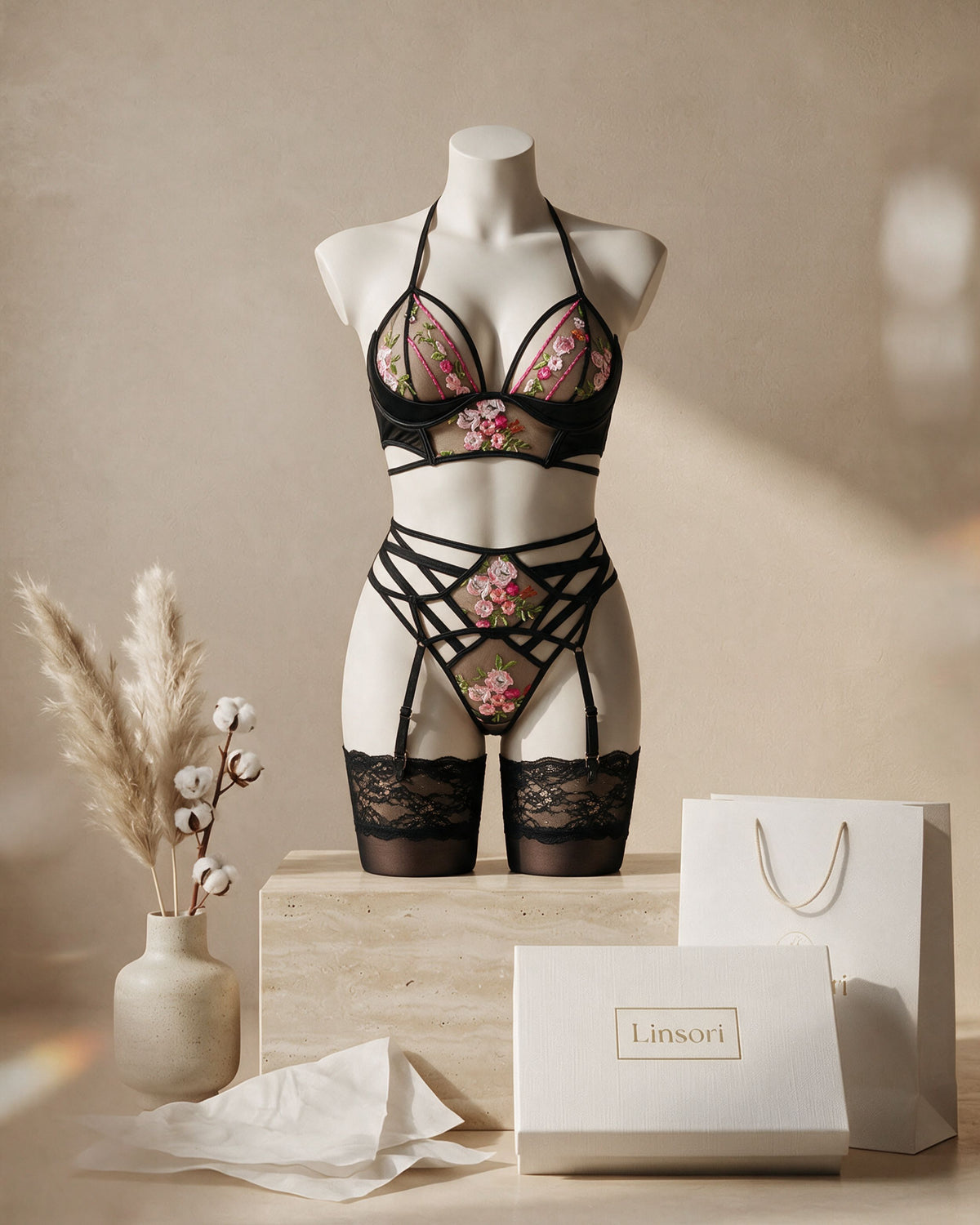 Linsori Obsidian Floral Embroidered Bra Set - Mannequin View