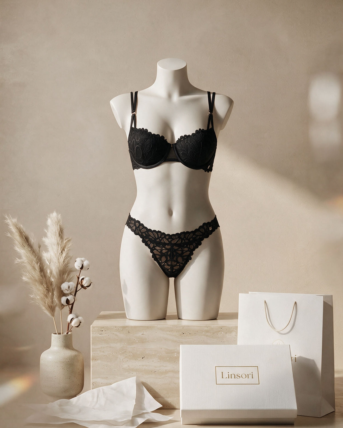 Linsori Noir Leopard Lace Thong - Mannequin View