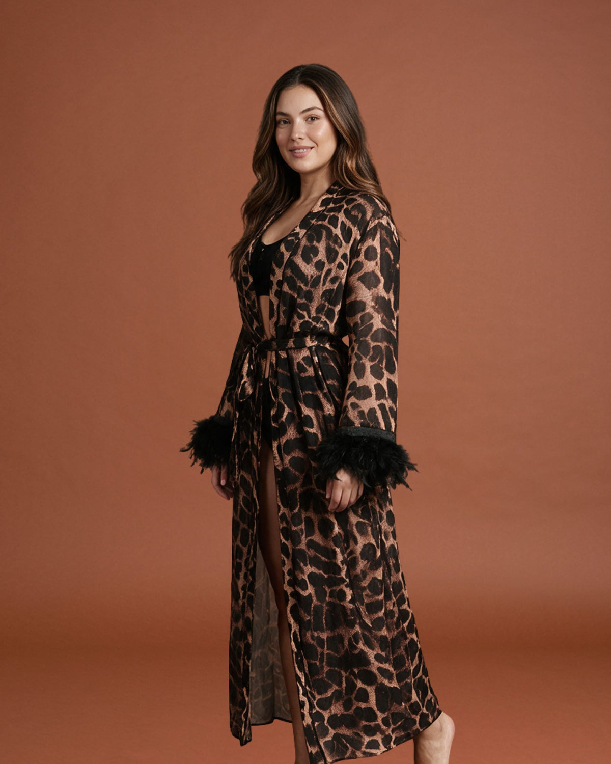 Linsori Wild Nights Feather Trim Robe Plus Size -  Left view