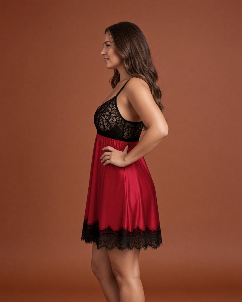 Linsori Scarlet Satin Eyelash Lace Babydoll -  Left view