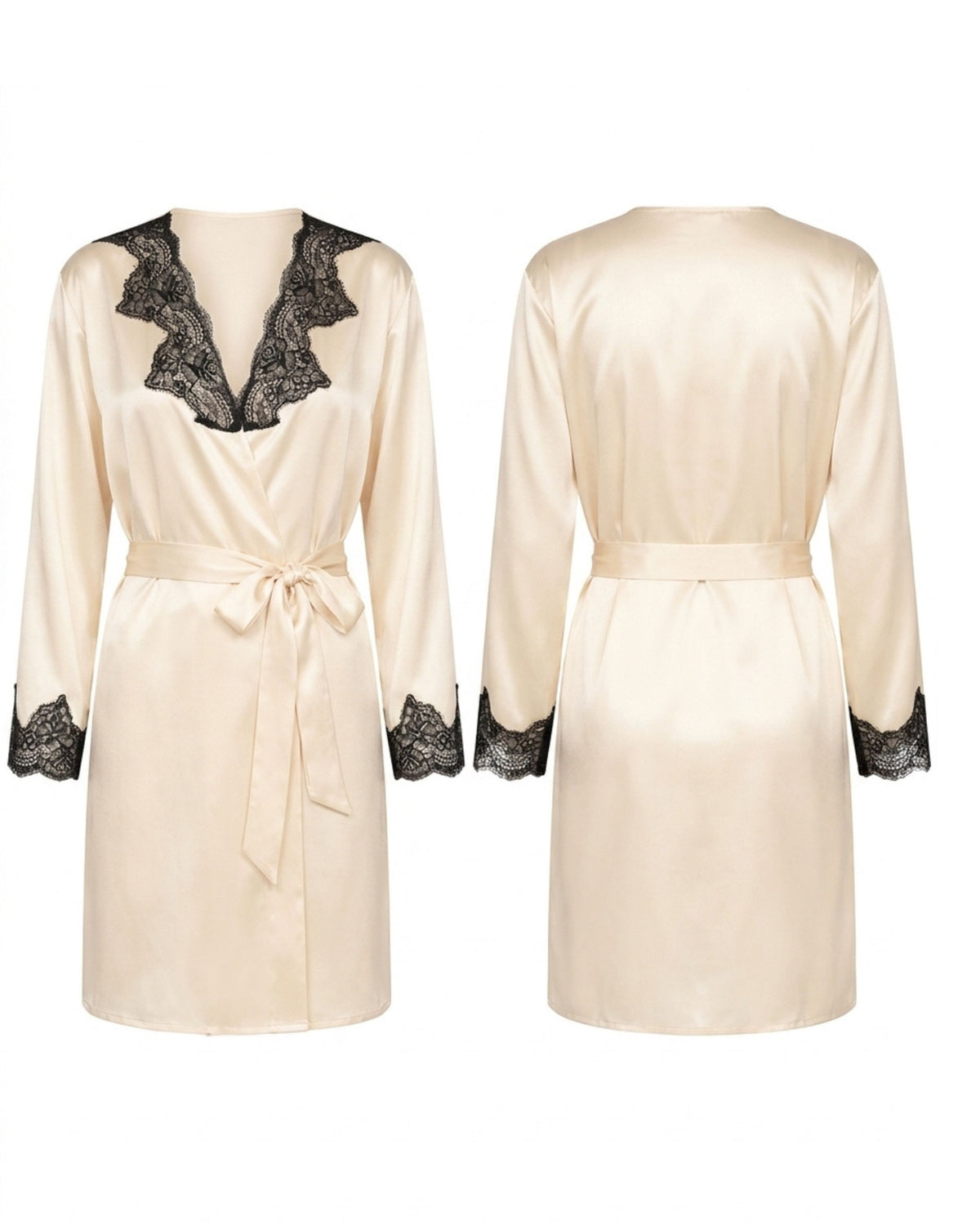 Linsori Ivory Satin Lace-Trimmed Robe - White background view