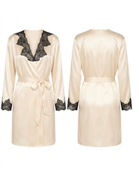 Linsori Ivory Satin Lace-Trimmed Robe - White background view