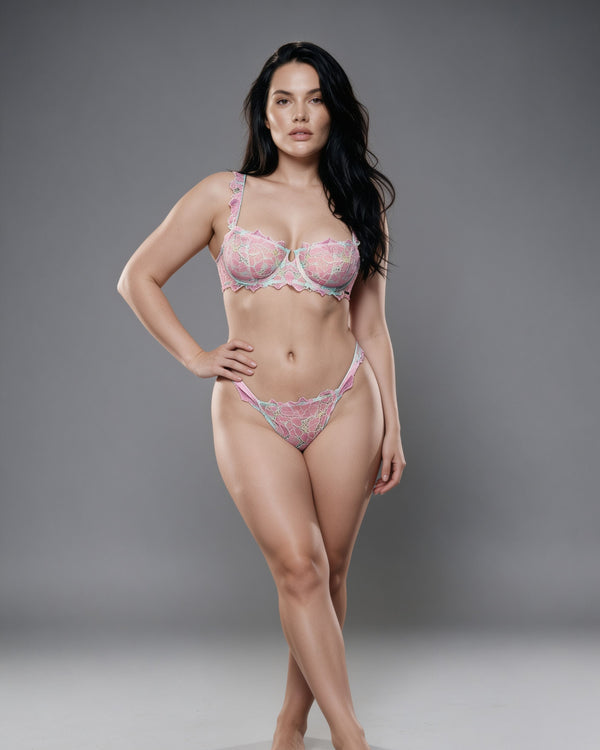 Linsori Sunlit Sage Floral Lace Bra & Thong Set - front view