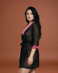 Linsori Noir Chiffon Robe with Blush Lace -  Left view