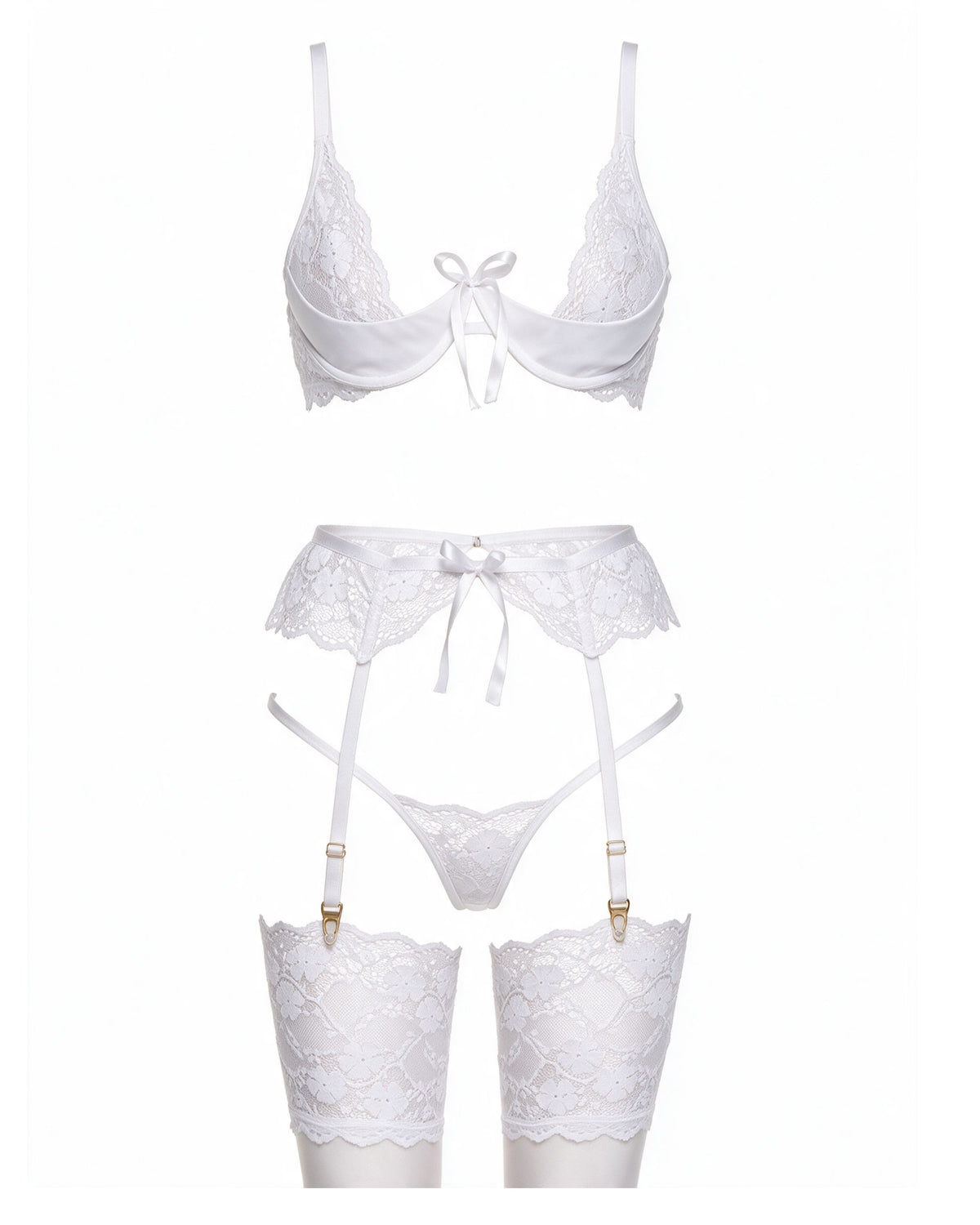 Linsori Pearl Rose Lace Three-Piece Set - White background view
