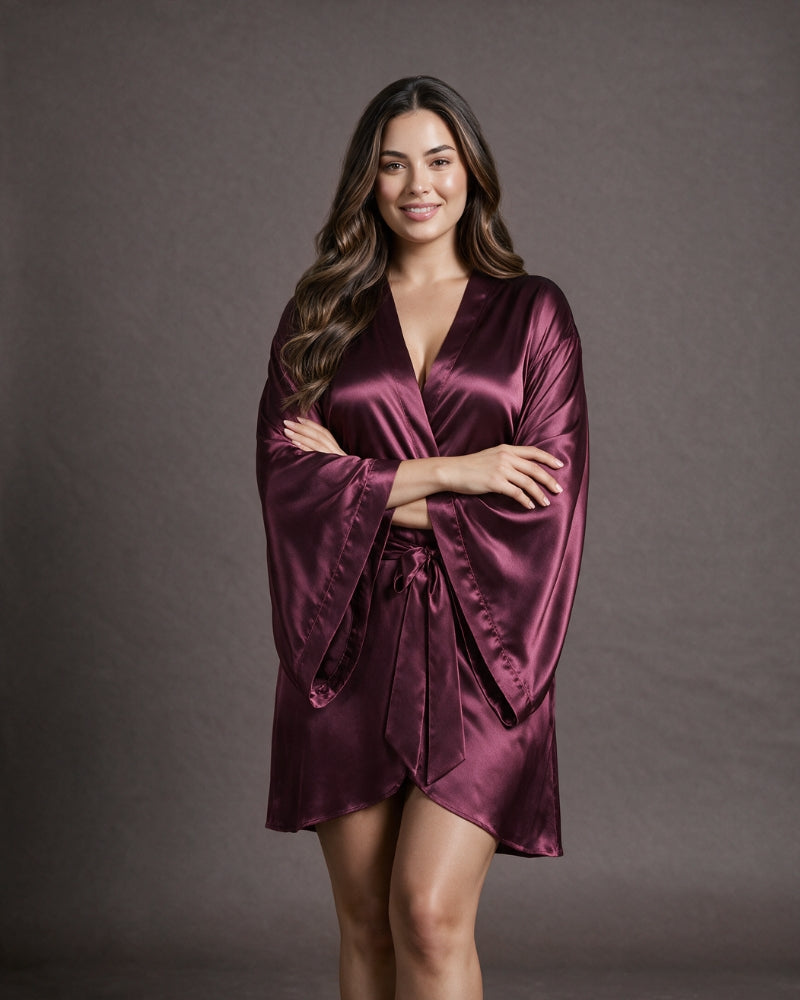 Linsori Bordeaux Satin Peignoir Set -  Styled view