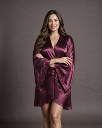 Linsori Bordeaux Satin Peignoir Set -  Styled view