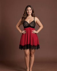 Linsori Scarlet Satin Eyelash Lace Babydoll - Lifestyle view