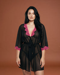 Linsori Noir Chiffon Robe with Blush Lace - Front view 