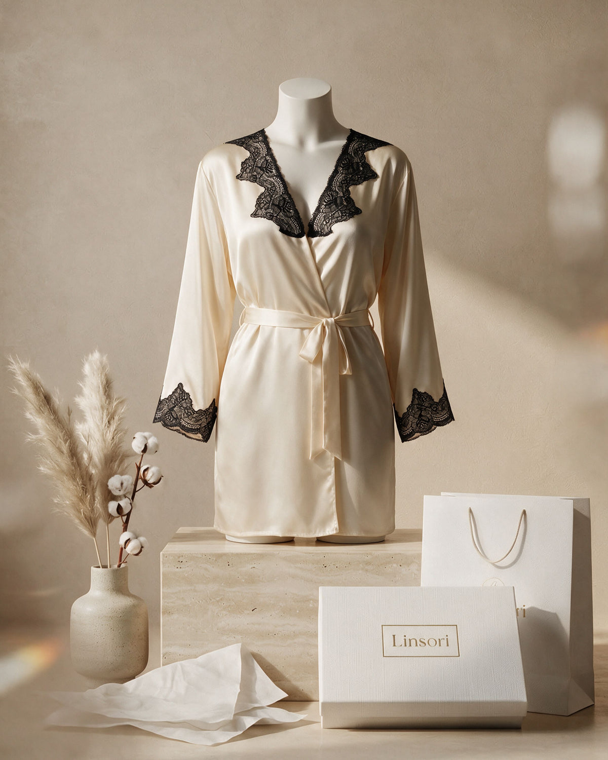 Linsori Ivory Satin Lace-Trimmed Robe - Mannequin View