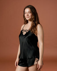 Linsori Noir Satin Embroidered Short Set -  Left view
