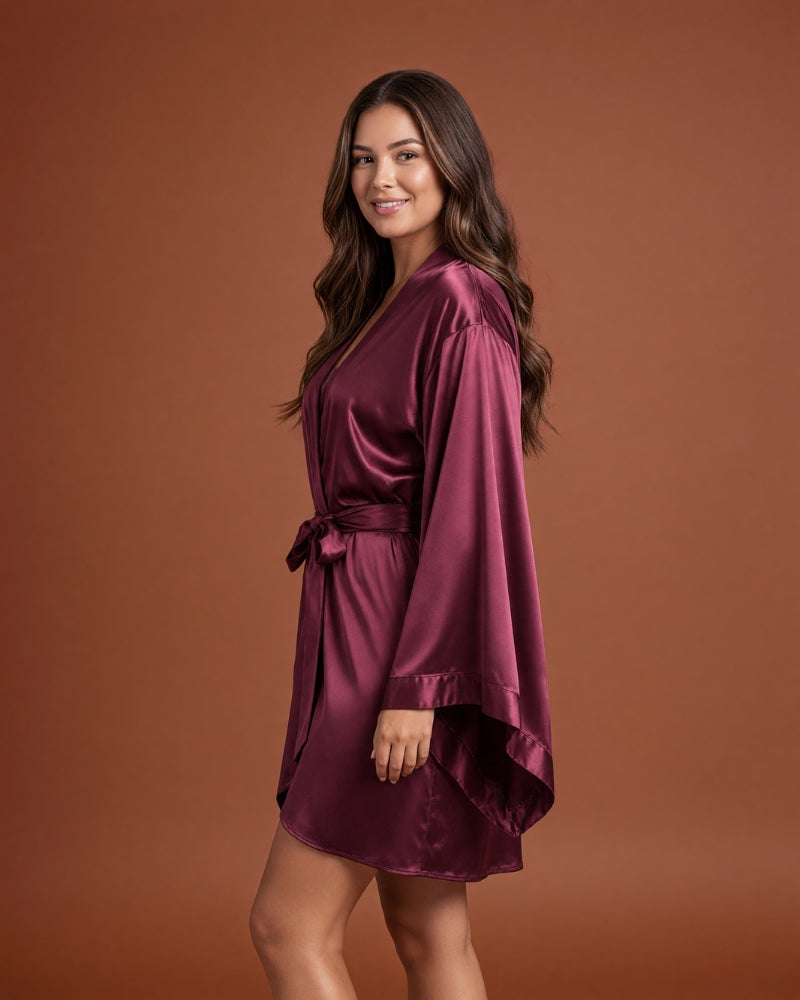Linsori Bordeaux Satin Peignoir Set -  Left view