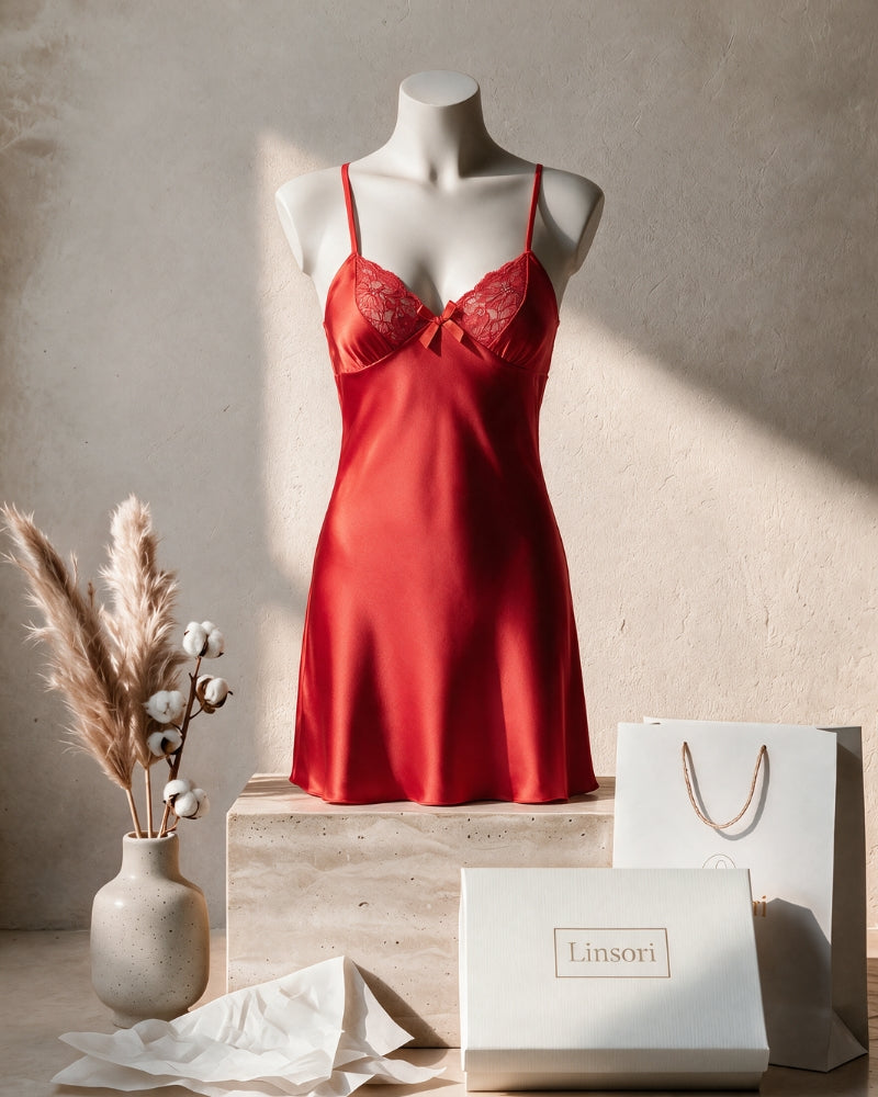 Linsori Scarlet Satin Lace Nightdress - Mannequin View