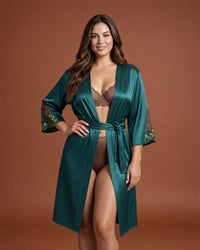 Linsori Jade Satin Embroidered Robe - front view