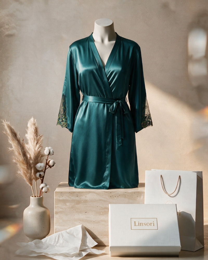 Linsori Jade Satin Embroidered Robe - mannequin view