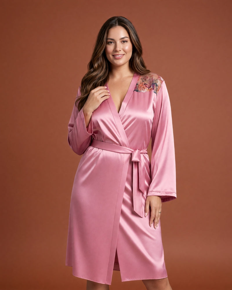 Linsori Dusty Rose Floral Embroidered Satin Robe - Front view 