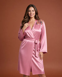 Linsori Dusty Rose Floral Embroidered Satin Robe - Front view 