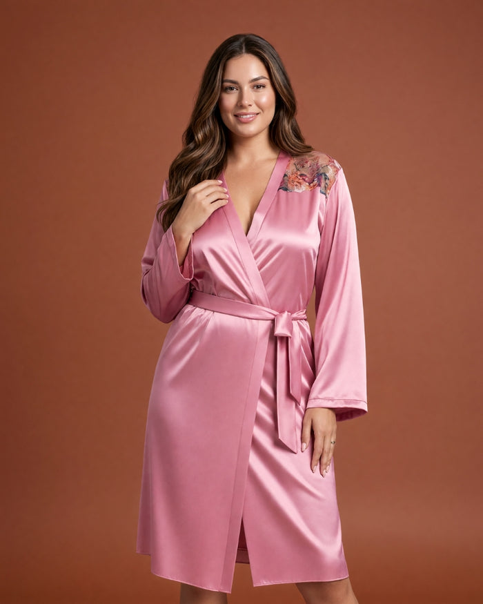 Linsori Dusty Rose Floral Embroidered Satin Robe - Front view 