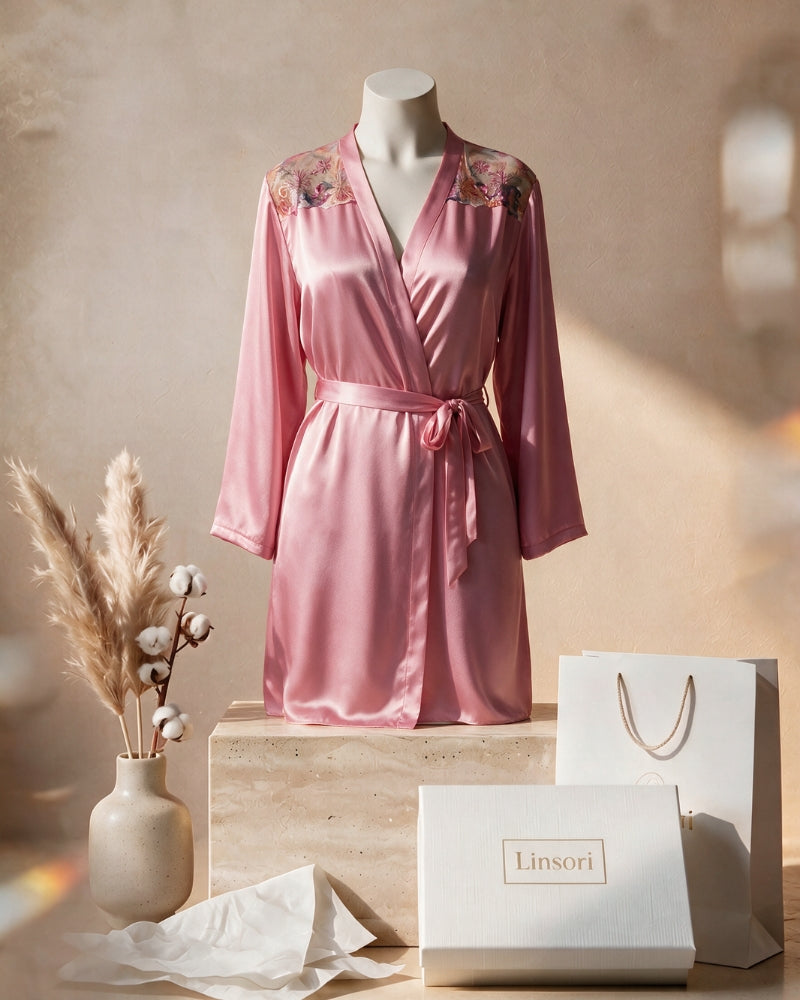 Linsori Dusty Rose Floral Embroidered Satin Robe - Mannequin View
