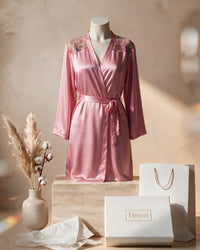 Linsori Dusty Rose Floral Embroidered Satin Robe - Mannequin View