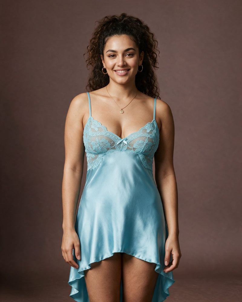 Linsori Turquoise Charmeuse Lace Chemise -  Styled view
