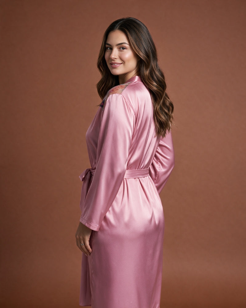 Linsori Dusty Rose Floral Embroidered Satin Robe -  back view