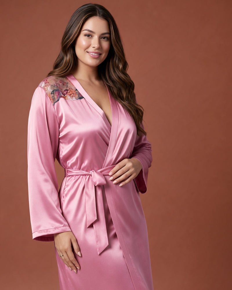 Linsori Dusty Rose Floral Embroidered Satin Robe -  Right view
