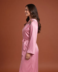 Linsori Dusty Rose Floral Embroidered Satin Robe -  Left view