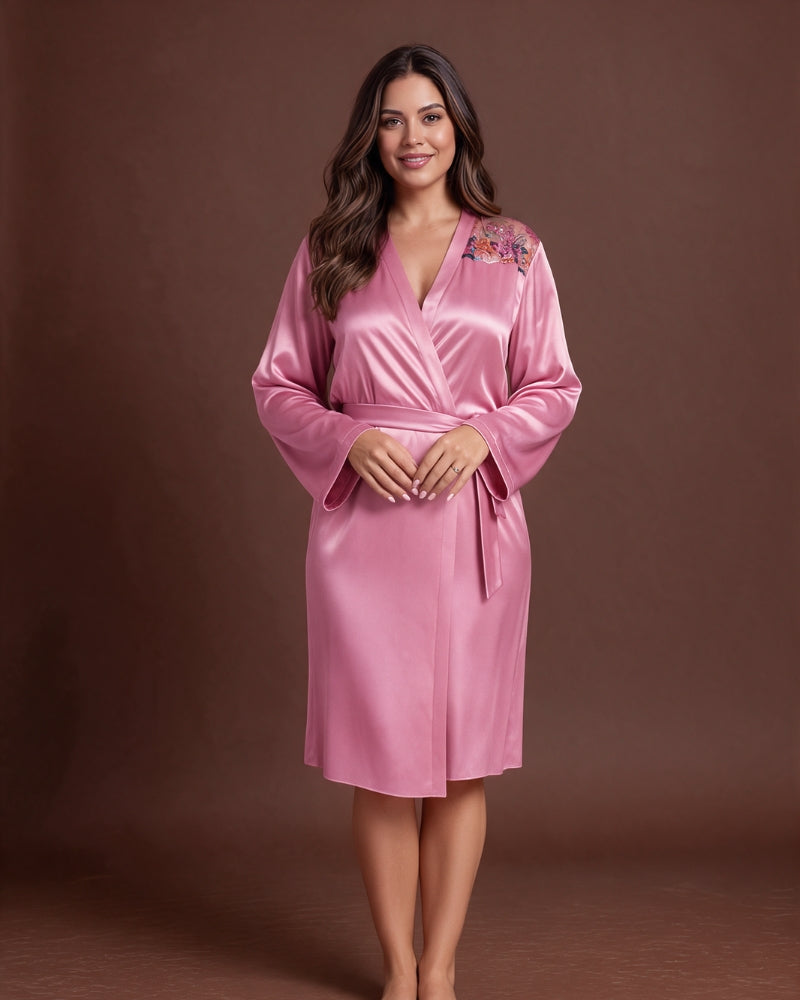 Linsori Dusty Rose Floral Embroidered Satin Robe -  Styled view