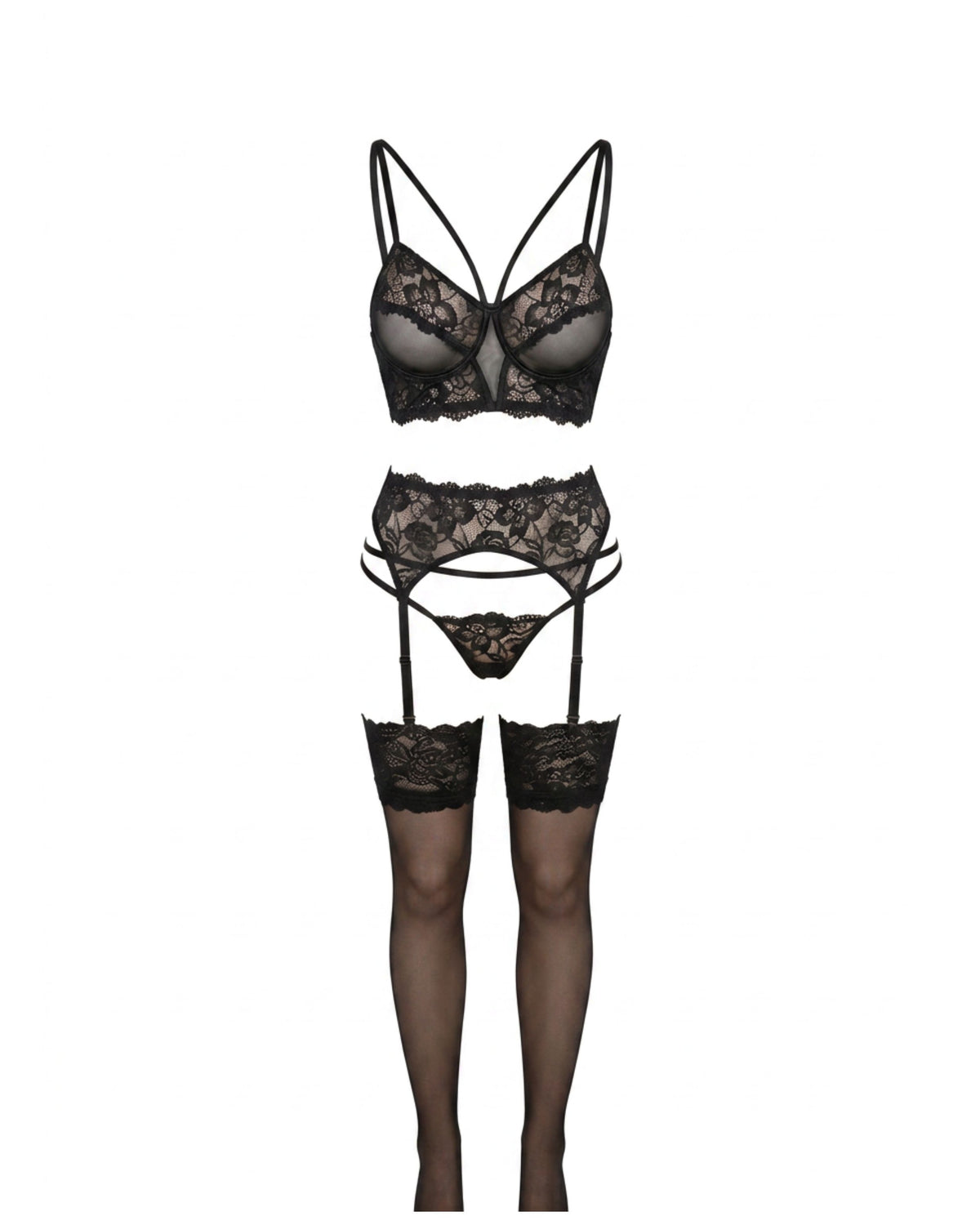 Linsori Noir Ribbon Lace Bra, Thong & Suspender Set - white background view