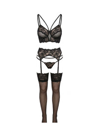 Linsori Noir Ribbon Lace Bra, Thong & Suspender Set - white background view