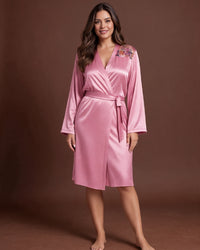 Linsori Dusty Rose Floral Embroidered Satin Robe - Lifestyle view