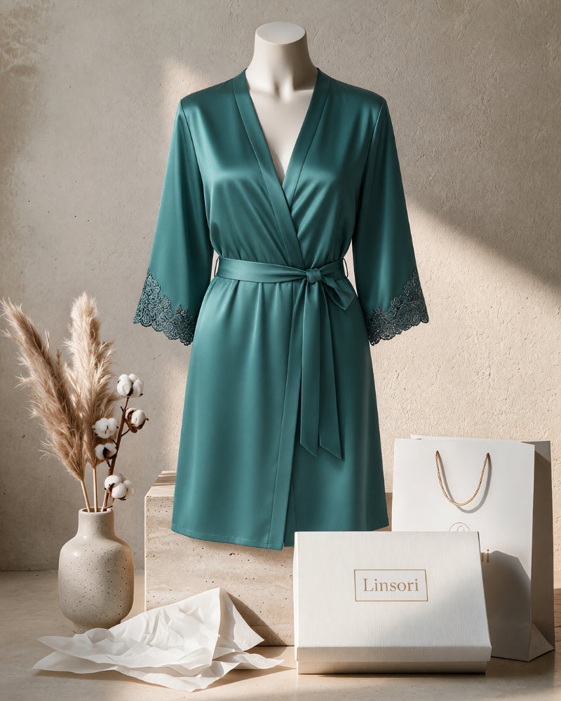 Linsori Emerald Satin Embroidered Robe - Mannequin View