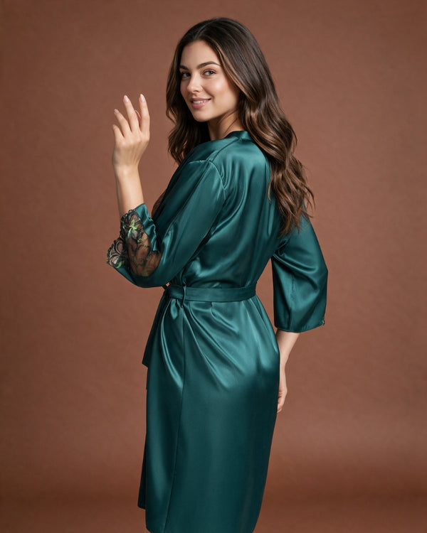 Linsori Jade Satin Embroidered Robe -  back view