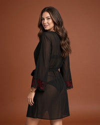Linsori Noir Chiffon Robe with Lace -  back view