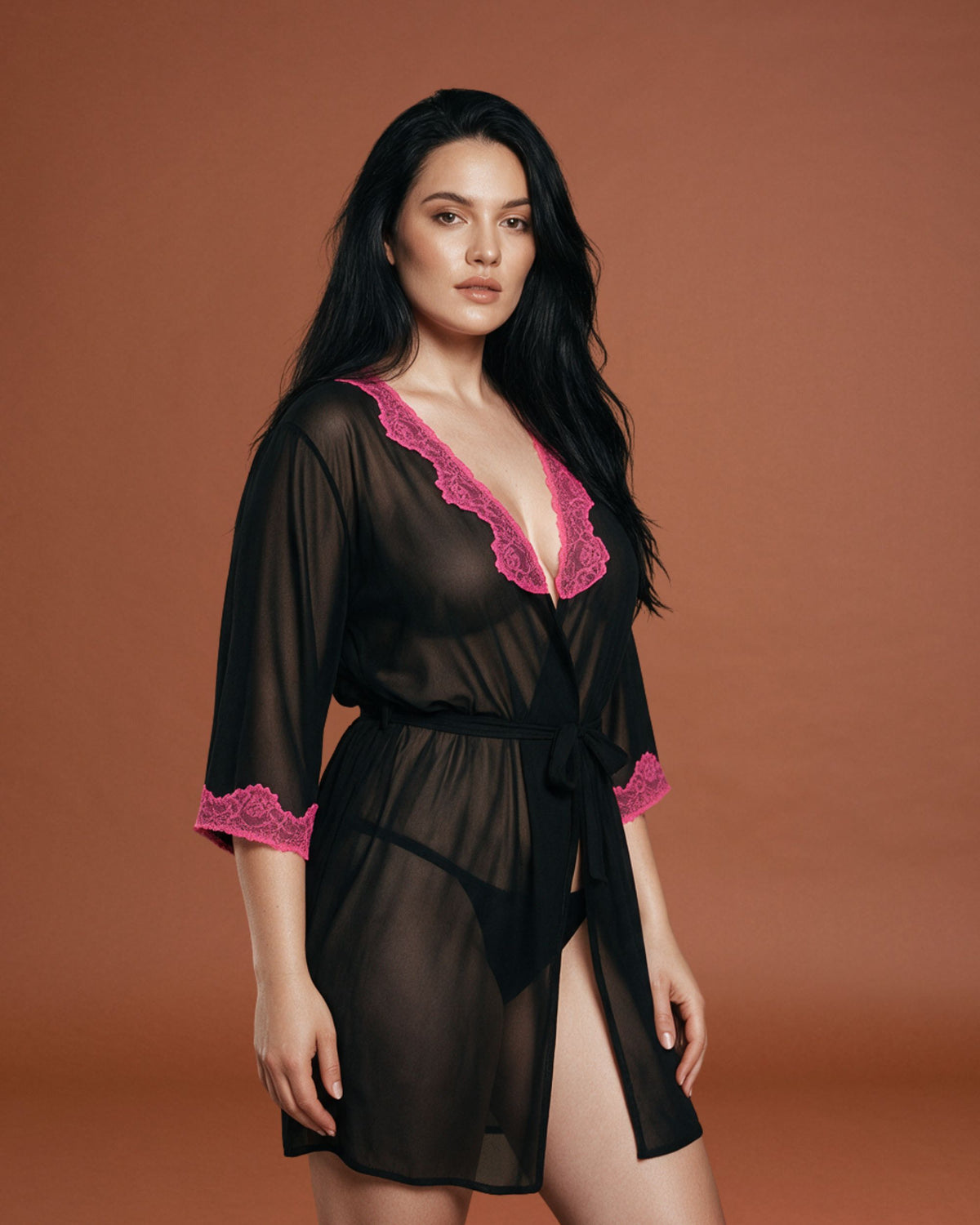 Linsori Noir Chiffon Robe with Blush Lace -  Right view
