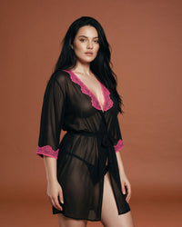 Linsori Noir Chiffon Robe with Blush Lace -  Right view