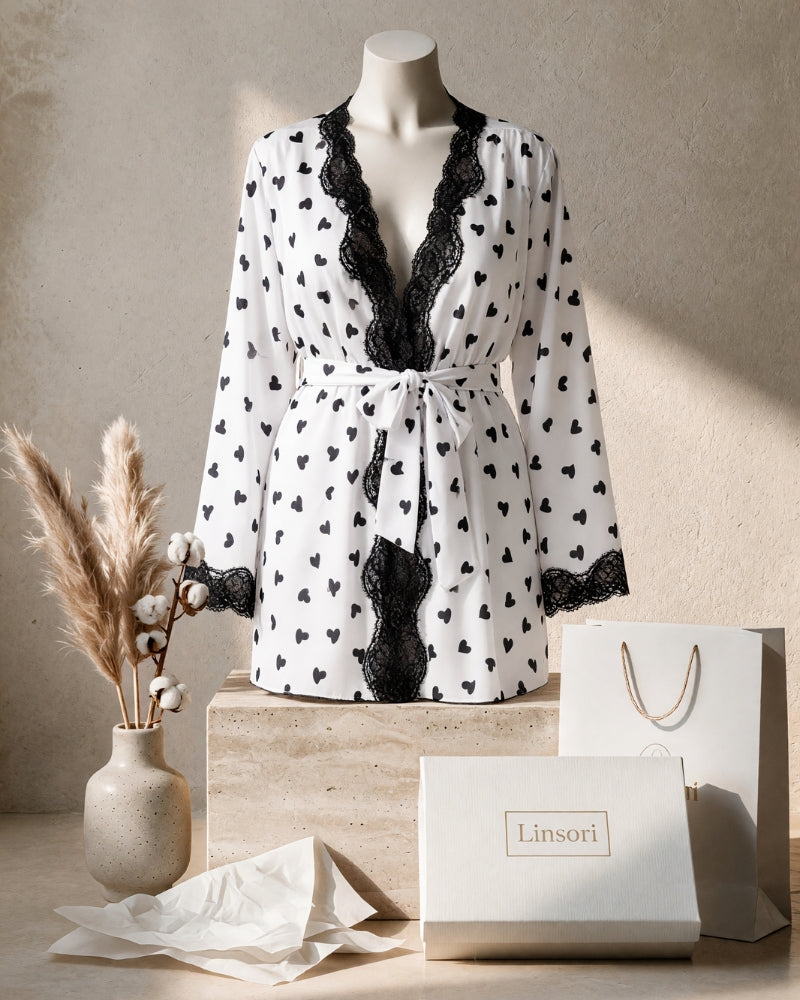 Linsori Charmeuse Heart Print Kimono Robe - Mannequin View